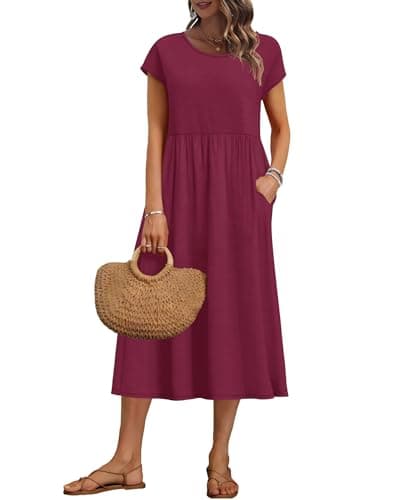 Image of AUSELILY Women's Summer Short Sleeve Midi Dresses A-line Shift Loose Dress with Pockets, Wine Red L