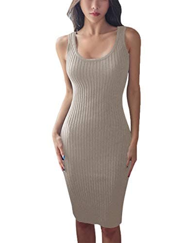 Image of FAIMILORY Women's Basic Ribbed Sundress Stretchy Bodycon Casual Midi Tank Dress, Dark Beige, M