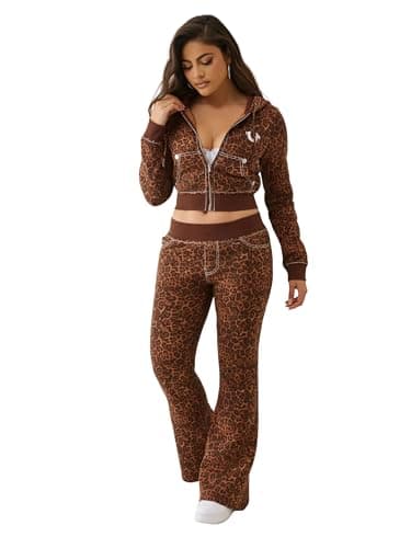 Image of True Religion Women's Big T Crystal Leopard Shrunken Zip Hoodie – Cropped Full-Zip Sweatshirt, Leopard, XS