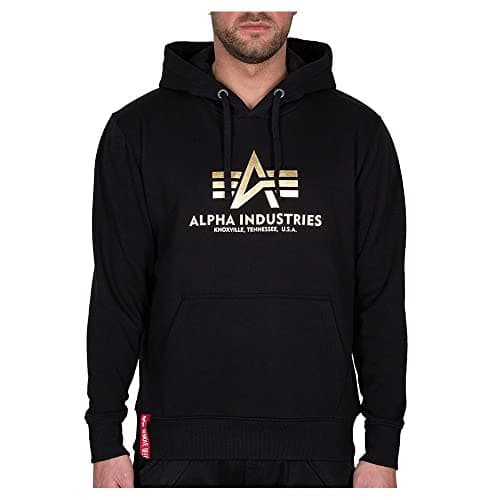 Image of Alpha Industries Men's Basic Hoody Foil Print Hooded Sweat Sweatshirt, Black/Yellow Gold, XS