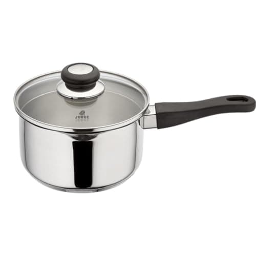 Image of Judge Vista Draining Stainless Steel Large Saucepan with Pouring Lip 18cm 2.1L, Shatterproof Glass Strain & Pour Lid, Induction Ready, Oven Safe