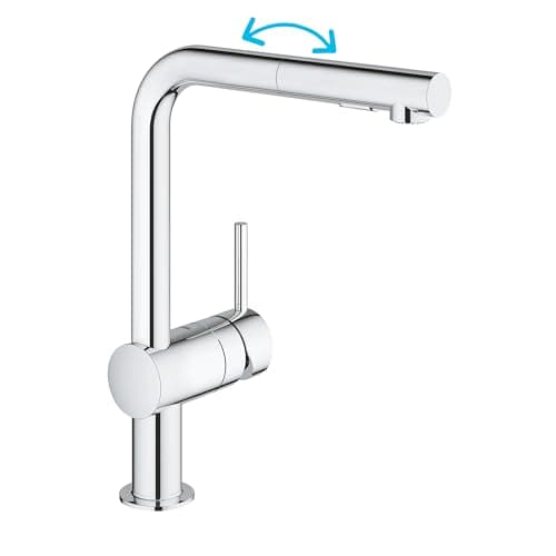 Image of GROHE Minta – Single Lever Kitchen Sink Mixer Tap with Pull-Out Spray (High L-Spout, 46 mm Ceramic Cartridge, 360° Swivel Spout, Tails 3/8 Inch), Easy to Install, Size 328 mm, Chrome, 30274000