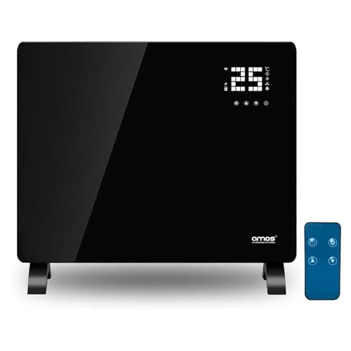 Image of AMOS Electric Glass Panel Heater 1000W Smart WiFi Enabled, Digital Display, Timer & Thermostat Freestanding or Wall Mounted Black