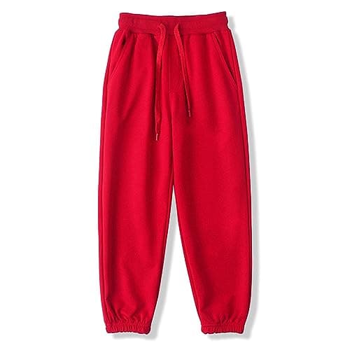 Image of BINIDUCKLING Boys Girls Plain Joggers, Drawstring Tracksuit Bottoms Classic Elasticated Cuff Jogging Pants Kids Casual School Trousers for PE Sports and Games (Red,160/10-12Years)