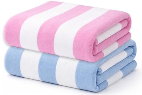 Image of Adore Home 2 Pack Cabana Stripe Microfibre Beach Towels Quick Dry Sand Resistant Pool Towels Lightweight Holiday Travel Towels 80x160cm Light Blue and Pink