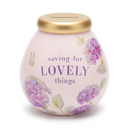 Image of Pot of Dreams “Saving for Lovely Things” Ceramic Money Box – Hand Painted Pink Floral Piggy Bank, Smash to Open Savings Pot, Gift Idea for Women & Girls