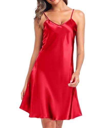 Image of Sopesil Satin Nightdress for Women Sexy Nighties V Neck Negligees Spaghetti Strap Chemise Full Slips Sleepwear Ladies Nightgowns Soft A-Red,M