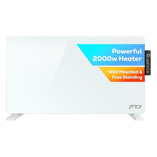 Image of TCP 2000W White Glass Panel Heater, Electric Wall-Mounted or Free-Standing Radiator with Side Control Panel, Timer, Weekly Program & Open Window Detection