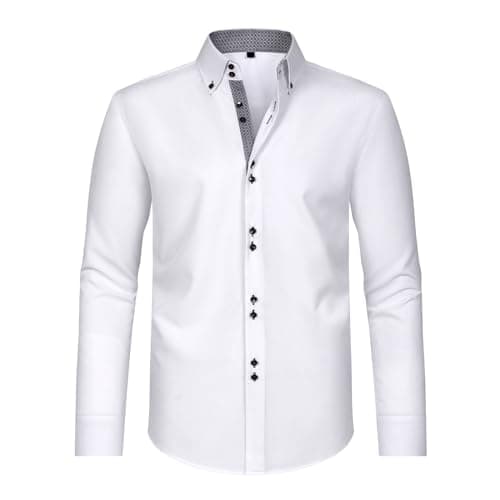 Image of SYDUZAX Men's Dress Shirts Long Sleeve Casual Smart Button Shirt Non Iron Turn Down Collar Double Breasted Business Shirts Regular Fit Stretch Wedding Work Office Oxford Formal Shirt Blouse White
