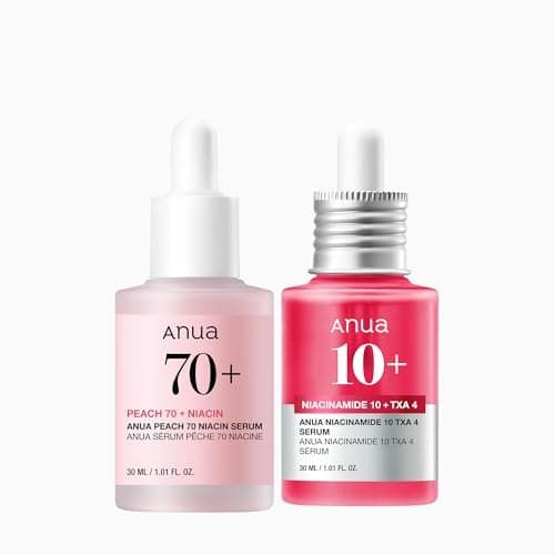 Image of Anua Pink Serum Duo for Korean Glass Skin:10% Niacinamide + 4% Tranexamic Acid Serum & Peach 70 Niacinamide Serum for Dull Skin, Skin Barrier, Fragrance-Free, Korean Skincare