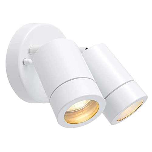Image of National Lighting IP44 Rated Outdoor Twin Spotlights, Gloss White Steel Adjustable Tilt Outside Lights, Mains Powered Security Spot Lights, 2X 7W 240V LED GU10 (Not Included)