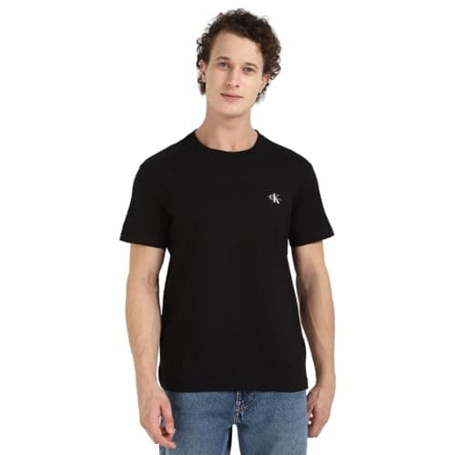 Image of Calvin Klein Men's 2 Pack Monologo Short Sleeve Round Neck T-Shirts, Multicolor (Ck Black/India Ink), XL