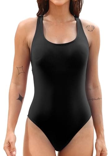 Image of Vevarble Swimming Costume Women Sporty Cross Back One Piece Swimsuit Athletic Scoop Neck Swimwear Removable Padded Bathing Suits,M,Black