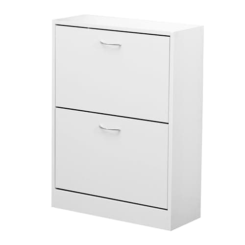 Image of AVC Designs 2 Drawer Shoe Storage Cabinet Wooden Freestanding Footwear Rack Unit for Hallway or Entryway (White)