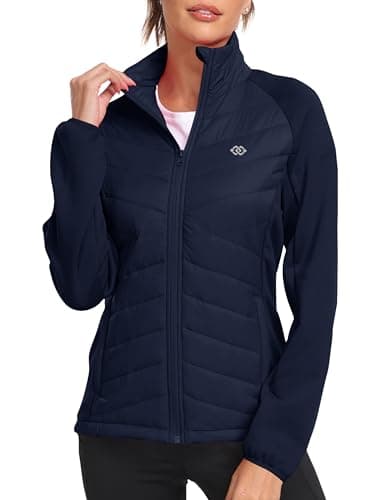 Image of MoFiz Women's Lightweight Quilted Jacket Packable Hybrid Puffer Jackets Stand Collar Casual Transition Coat with Zip Pockets Navy US M