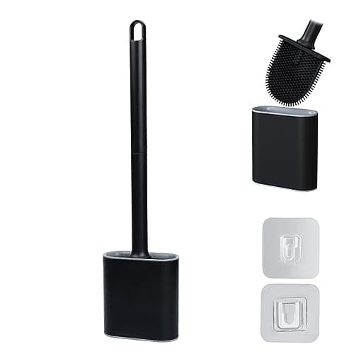 Image of Silicone Flex Toilet Brush and Holder Set, Wall Mounted, Deep Cleaning (Black)