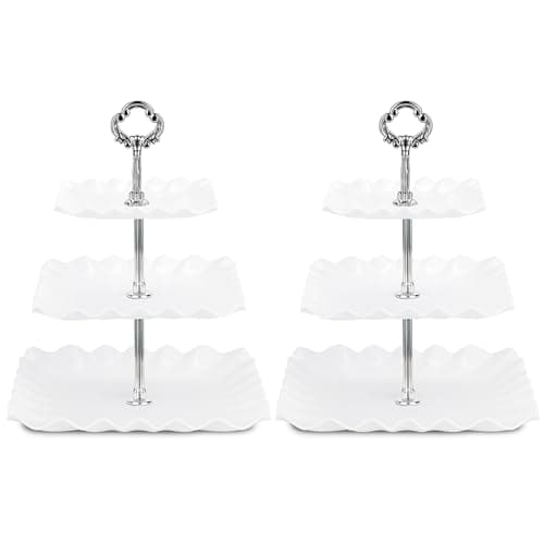 Image of NWK Pack of 2 Large Square 3-Tier Cupcake Stand 30cm Height Plastic Cake Stand Food Round Display for Wedding Birthday Graduation Afternoon Tea Party