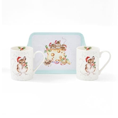 Image of Royal Worcester x Wrendale Designs Holly Jolly Mugs and Tray Set - Porcelain & Melamine, Perfect for Tea or Coffee, Featuring Christmas Mice Illustrations by Artist Hannah Dale