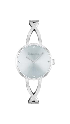 Image of Calvin Klein Two Hand Quartz Movement Watch for Women Sculpted Embrace Collection with Silver Stainless Steel Bangle Bracelet - 25100058