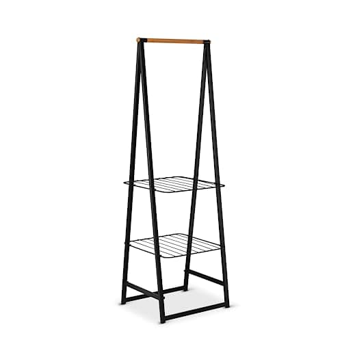 Image of Brabantia - Linn Clothes Rack, Small - Multi-functional Hanging space - Airing or Drying Shelves - Hangs up to 16 items - Stable Space Saver - Non-slip Base - Free Standing - Easy to Assemble - Black
