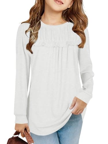 Image of Haloumoning Girls' T-Shirts, Tunic, Ruffles, Long-Sleeved Shirts, Leisure, Loose Tops, Cute Children's Soft Blouse, White, 8-10 Years