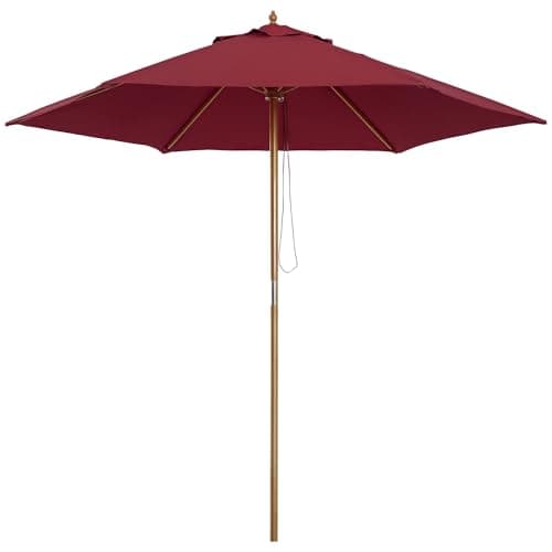 Image of Outsunny 2.5m Wood Garden Parasol Sun Shade Patio Outdoor Wooden Umbrella Canopy, Table Market Umbrella with Vent, 38mm Pole, Rope Pulley Mechanism, Wine Red