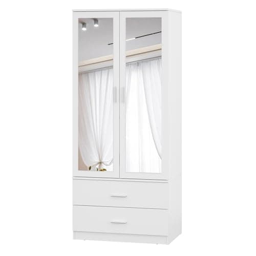 Image of Panana Modern 2 Door 2 Drawer Wardrobe with Mirrors, Hanging Rail and 4 Storage Shelves, Bedroom Clothes Storage Cupboard, 77 x 50 x 179 cm, Easy Assembly