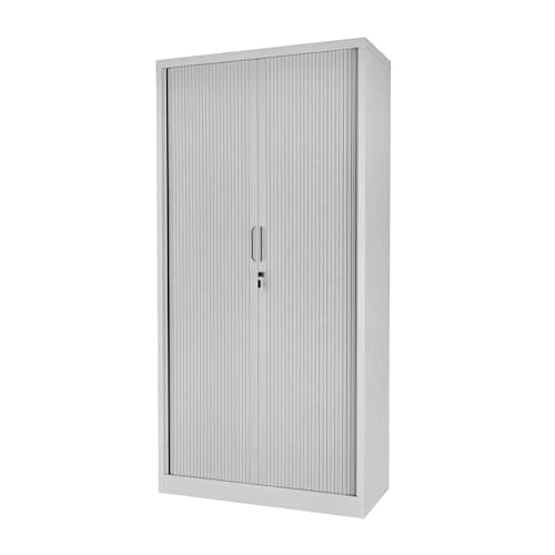 Image of POLLOR Tambour Storage Cabinet, Lockable Space Saving Steel Office Cupboard Rolling Sliding Door, 50kg Load Capacity Per Shelf (Grey, 185cm)