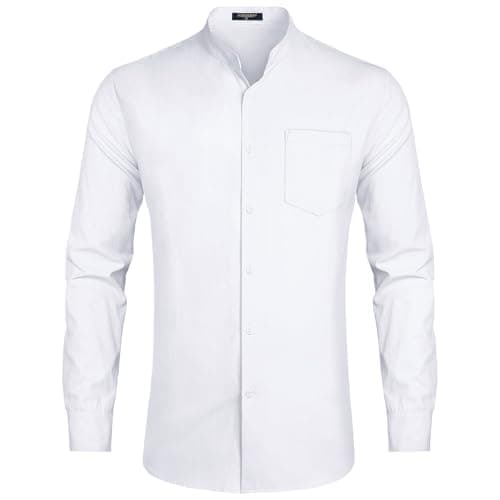 Image of HISDERN Men's White Grandad Collar Shirts, Long Sleeve, Business Formal, Regular Fit, Button Down, Pocket, L