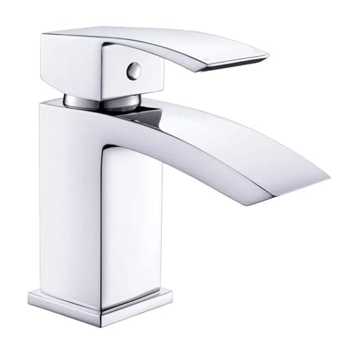 Image of Bathroom Basin Sink Mixer Taps with Waterfall Spout, Square Moono Bathroom Sink Tap Single Lever Monobloc Brass Chrome Basin Taps 1 Hole with Hot and Cold Hoses