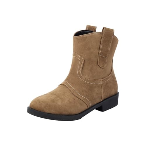 Image of Ankle Boots For Women Low Heel Wide Fit Fashion Round Toe Western Boots Women Beige Short Slip On Cosy Warm Suede Ladies Boot Solid Color Plus Size Baggy Walking Boot