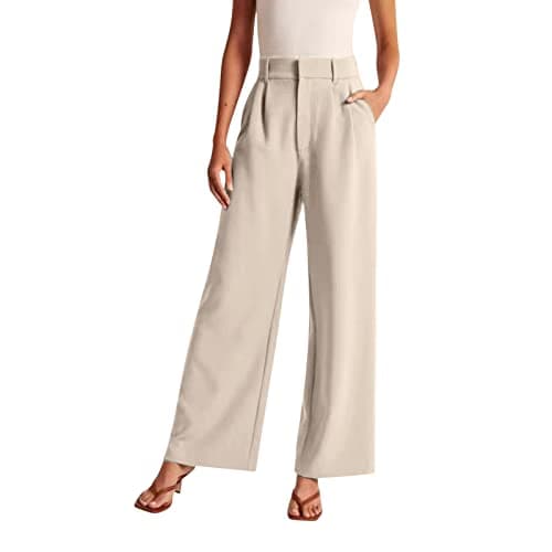 Image of GVGNQEOP Womens Wide Leg Cropped Pants Elasticated High Waist Work Trousers Baggy Pull On Joggers Solid Color Elegant Smart Sweatpants Straight Leg Business Pants with Pockets for Office Formal Beige