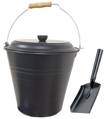 Image of Easy Shopping® 12L 12 Liter Metal Ash Bucket Black WITH FREE SHOVEL Fireside Storage Coal Ash Bin Fire Log Container With Wood Handle and Black Lid