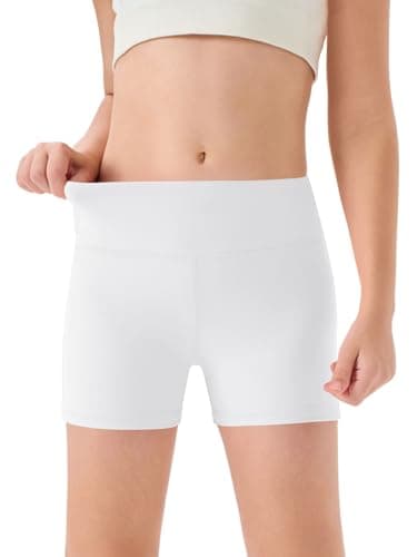 Image of Haloumoning Girls' Shorts, Summer Short Leggings, Children's Plain High Waist Cycling Shorts, Yoga, Dance, Gym, Sports Leggings, Under Skirt, Short Trousers, 5-14 Years, White, 11-12 Years