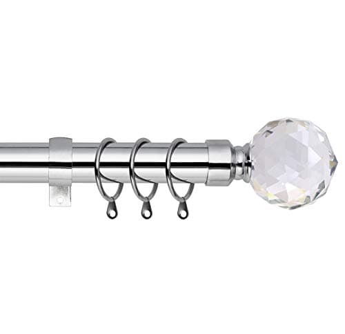 Image of Crystal Ball Extendable Curtain Pole. Includes Pair Of Superior 60mm Size Finials, Rings, Brackets & Fittings Set. (Chrome, 120cm - 210cm, 48 inch to 83 Inch)