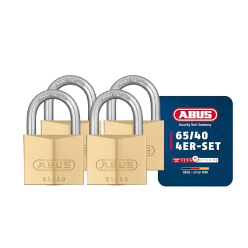 Image of ABUS Padlock Brass Lock 65/40 - Set of 4, keyed Alike - for Basement, Locker and Much More - Brass Body - Hardened Steel Shackle - ABUS Security Level 5