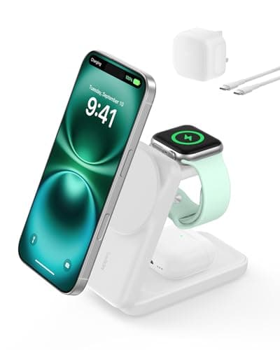 Image of Belkin UltraCharge Magnetic Wireless Charger 25W, 3-in-1 Qi2.2 Certified MagSafe Compatible Fast Charger, Charging Station for iPhone 17, Air, Apple Watch, AirPods, Pixelsnap with 45W Adapter - White
