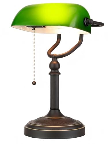 Image of Newrays Antique Green Glass Bankers Desk Lamp with Pull Chain Switch Plug in Fixture