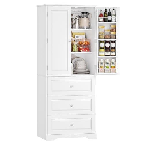 Image of FOREHILL Kitchen Cupboard Tall Kitchen Cabinet Pantry Cupboard with 2 Doors Storage Free Standing Sideboard Storage Cabinet, 2 Drawers, Adjustable Shelves 60 x 40 x 150cm White