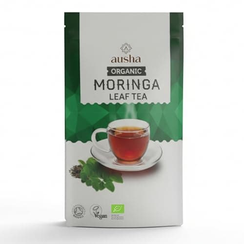 Image of Ausha Organic Moringa Leaf Tea 100g - UK Certified Organic by Soil Association -Oleifera Loose Leaves, Caffeine Free, Source of Fibre,Calcium, Iron, Vitamins and Minerals