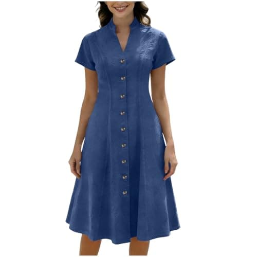 Image of Zeiayuas Denim Dresses for Women Summer Casual V Neck Midi Dress Bitton Down Y2k Streewear Short Sleeve A-Line Pleated Dress Beach Sundress Sexy Ladies Trendy Tunic Dresses Sky Blue