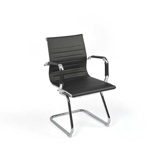 Image of EVRE Office Chrome Cantilever Desk Chair, for Meeting Boardroom & Visitor Reception with Stainless Steel Frame & Ribbed PU Padded Faux Leather Curved Seat (Black)