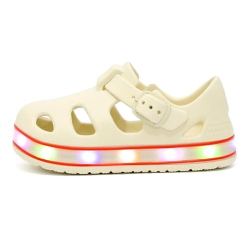 Image of YoveGxlthrea Toddler Wide Toe Box Sandals for Boys & Girls,Children's Closed Toe Light Up Water Sandal with Adjustable Strap,Soft White,7 UK Child