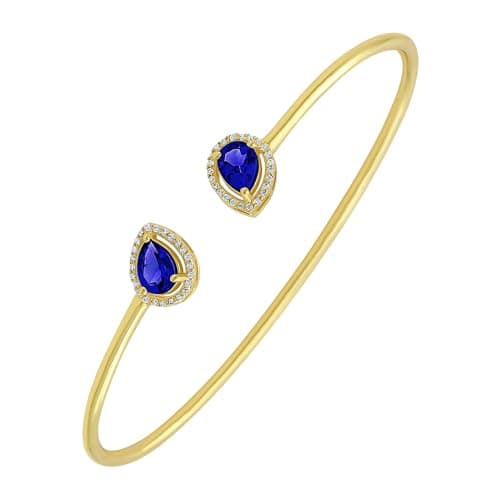 Image of GOURIK Lab Created Sapphire Open Bangle for Women - 14K Yellow Yellow Gold Lab Grown Sapphire & Simulated Diamond Cuff Bracelet - Gift for Her