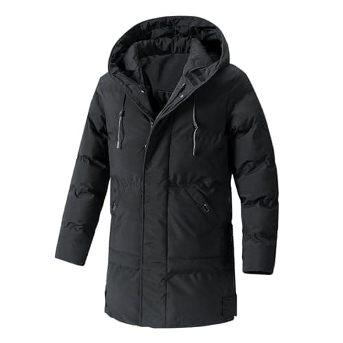 Image of Coats for Men UK Sale Clearance Winter Puffer Jacket Quilted Padded Down Coat Mid Length Hooded Windbreaker Winter Warm Overcoat Padded Cotton Outwear Puff Jacket with Pockets UK Size 10-22
