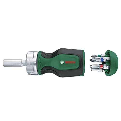 Image of Bosch Stubby Ratchet Screwdriver with 6 Bits (Compact High-Torque Ratchet Screwdriver for Powerful Fastening; 6 Bits Included; Ergonomic; Magnetic Bit Holder)
