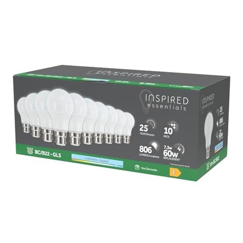 Image of 60W Bayonet B22 LED Light Bulb Daylight 6500K, 60 Watts Equivalent Replacement, Last up to 25000 Hours, 7.3W BC/B22 GLS Light Bulbs, 806 Lumen, Non-Dimmable, Value Pack of 10, Energy Saving Light Bulb