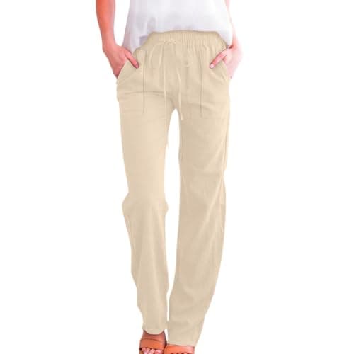 Image of Womens Trousers White Cotton Linen Pants Solid Color Casual Summer Trousers Drawstring Elastic Waist Long Pants with Pockets Lightweight Comfy High Waisted Straight Leg Bottoms for Beach Holiday