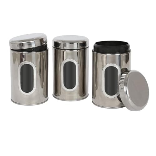Image of Harbour Housewares Tea Coffee Sugar Canisters Set - 3 Piece - Chrome Kitchen Canisters with Airtight Lids & Transparent Viewing Window - Stainless Steel Storage Tins for Kitchen Bench or Pantry