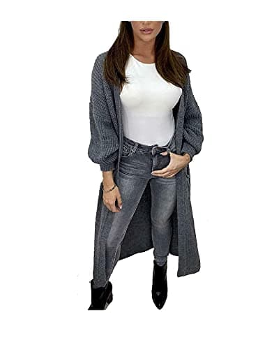 Image of Candid Styles Ladies Long Maxi Knitted Cardigan Balloon Sleeve 2 Pocket Womens Open Front Boyfriend Cardigans Top (Charcoal, 8-14)